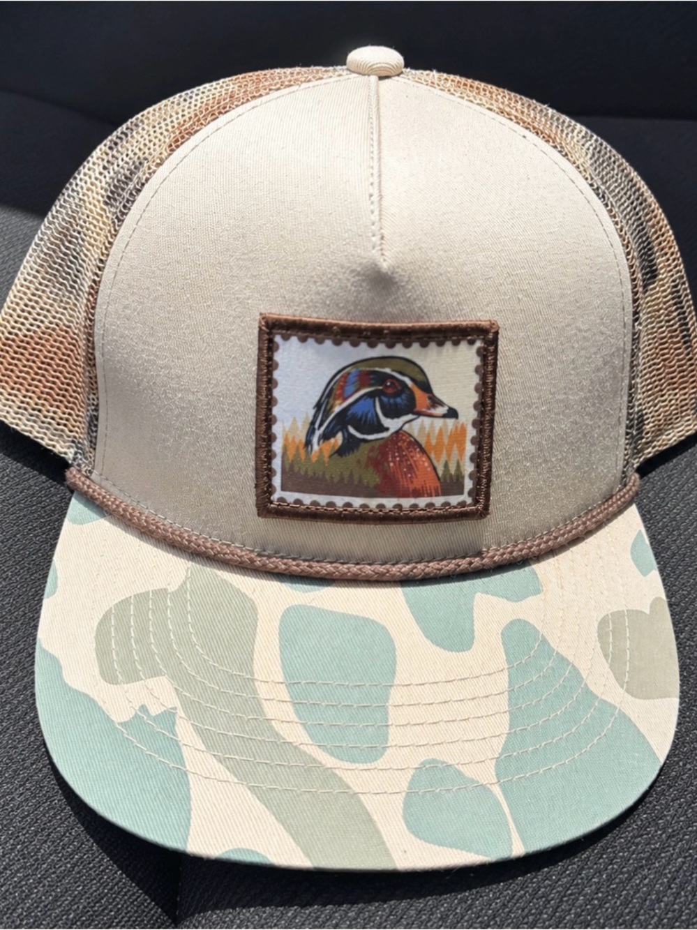 BURLEBO Beige Trucker Hat with Mint Camouflage Brim and Duck Patch